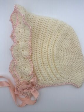 Cream Crochet Baby Bonnet with Pink Trim and Bow